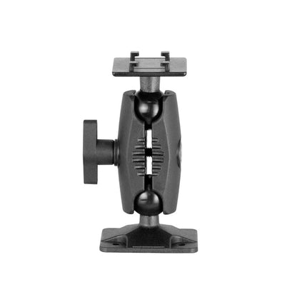 Side view of the 4 inch 4-Hole AMPS Drilled Base Mount – 4-Prong Compatible, in black, with a tightening knob, two jointed arms, and flat rectangular base plates at both ends for secure mounting or device attachment.