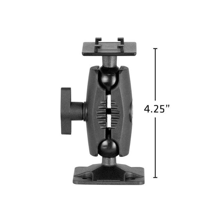 Side view of the 4 inch 4-Hole AMPS Drilled Base Mount (4-Prong Compatible) in black with a knob, shown next to a vertical line indicating its height of 4.25 inches.