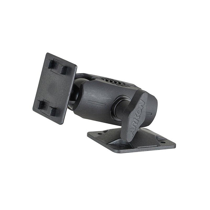 The 4 inch 4-Hole AMPS Drilled Base Mount - 4-Prong Compatible features a black adjustable swivel bracket with rectangular base, pivot and tilt mechanisms, ideal for mounting devices like GPS units or cameras.