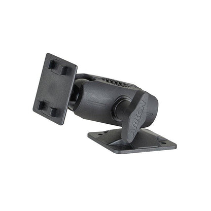 The 4 inch 4-Hole AMPS Drilled Base Mount - 4-Prong Compatible features a black adjustable swivel bracket with rectangular base, pivot and tilt mechanisms, ideal for mounting devices like GPS units or cameras.