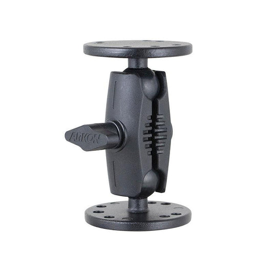 The 4-Inch Heavy-Duty 4-Hole AMPS Mount is a black mount with two circular base plates, a central joint, and tightening knob. Multiple holes on the plates make it compatible with 4-Hole AMPS and AMPS-compatible accessories.