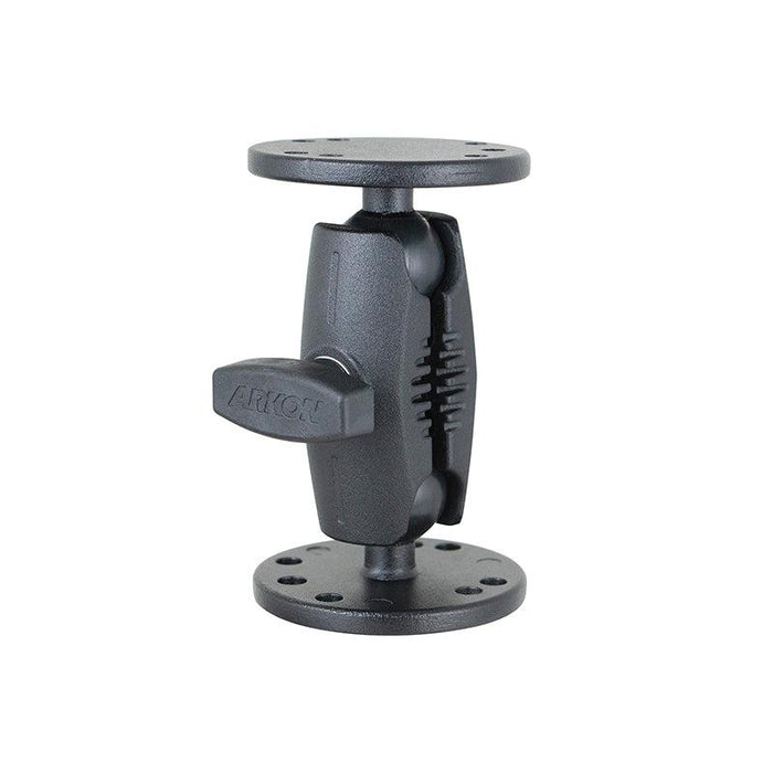 The 4-Inch Heavy Duty Metal 4-Hole AMPS Mount is a black adjustable bracket with two round, flat plates joined by a pivot arm and tightening knob. Multiple hole patterns, including the 4-Hole AMPS mount, ensure secure attachment.