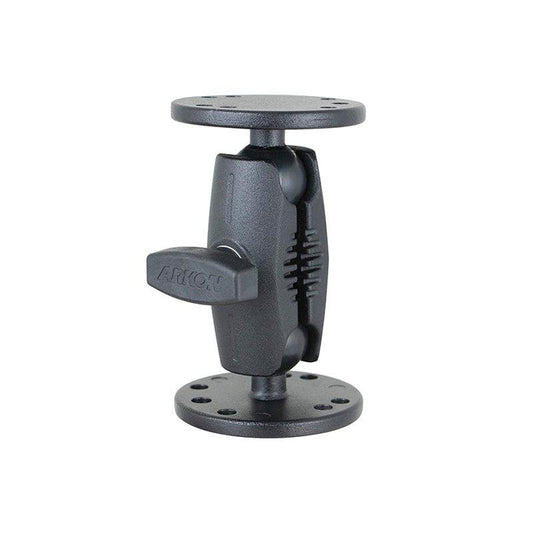 The 4-Inch Heavy Duty Metal 4-Hole AMPS Mount is a black adjustable bracket with two round, flat plates joined by a pivot arm and tightening knob. Multiple hole patterns, including the 4-Hole AMPS mount, ensure secure attachment.