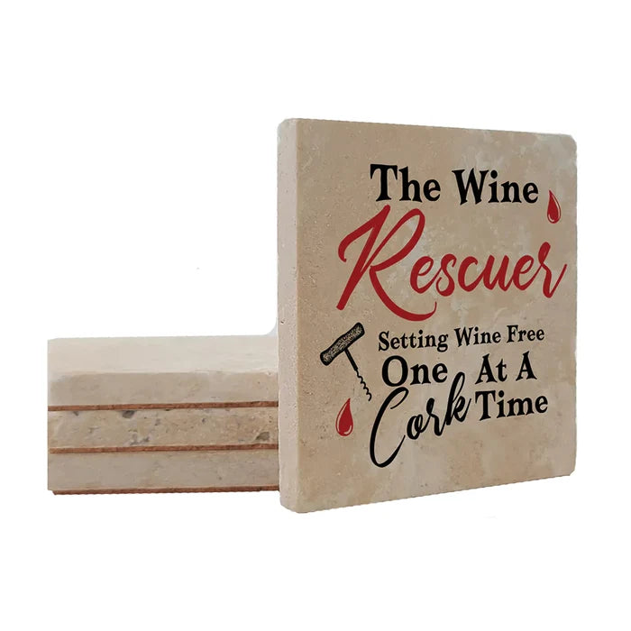 4" Square Travertine Coaster Set Funny "I Love Wine" Collection - Wine Rescuer, 4/Box, 2/Case, 8 Pieces. - Christmas by Krebs Wholesale