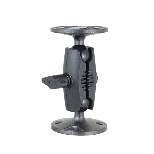 The 4.5-Inch Heavy-Duty 4-Hole AMPS Mount features a black, robust shaft arm with dual circular bases and a central hinge, providing stability and secure device attachment to various surfaces.
