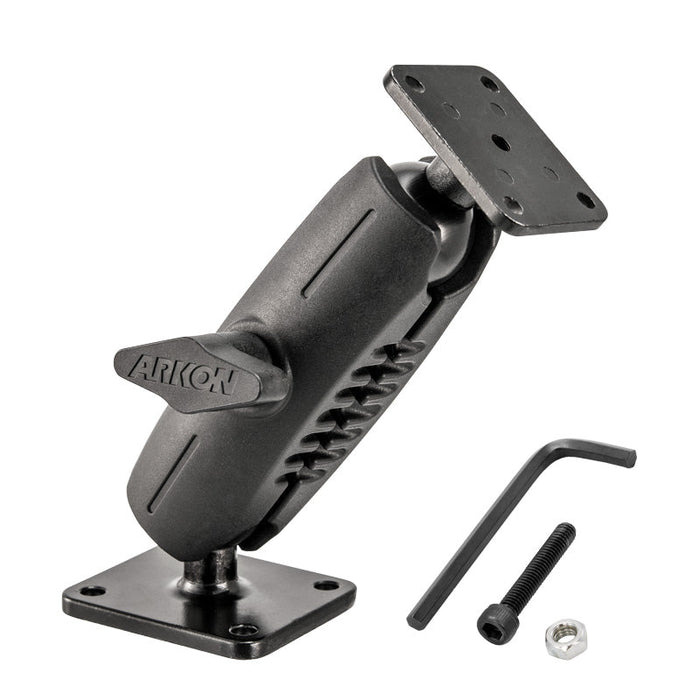 The 5 Heavy-Duty 4-Hole Metal AMPS Mount features black adjustable arms, square drill base plates on both ends, a tightening knob labeled ARKON, and security hardware including a screw, nut, and Allen wrench.