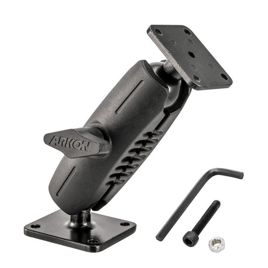 The 5 Heavy-Duty 4-Hole Metal AMPS Mount features black adjustable arms, square drill base plates on both ends, a tightening knob labeled ARKON, and security hardware including a screw, nut, and Allen wrench.
