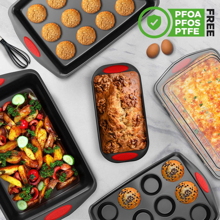 6-Piece Nonstick Bakeware Set - Easy Clean Carbon Steel, Red Handles