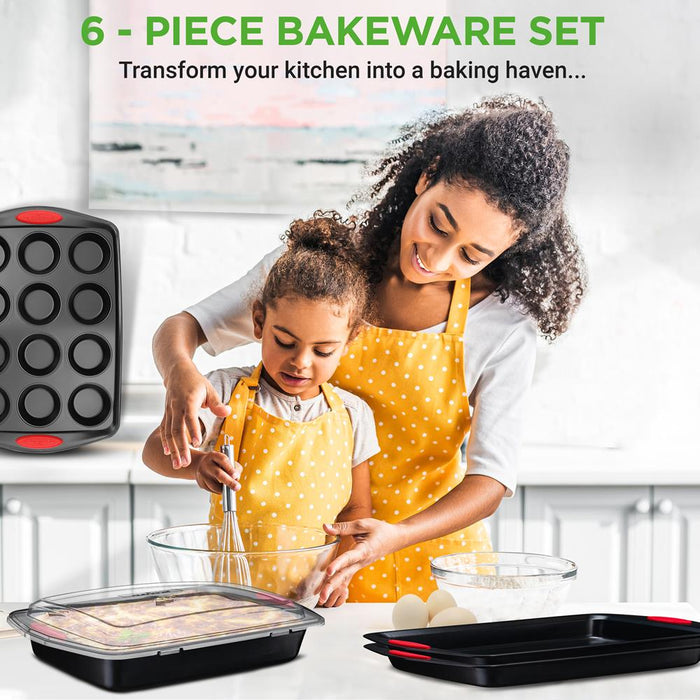 6-Piece Nonstick Bakeware Set - Easy Clean Carbon Steel, Red Handles
