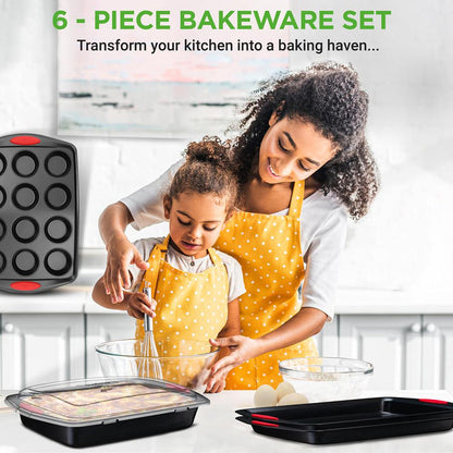 6-Piece Nonstick Bakeware Set - Easy Clean Carbon Steel, Red Handles