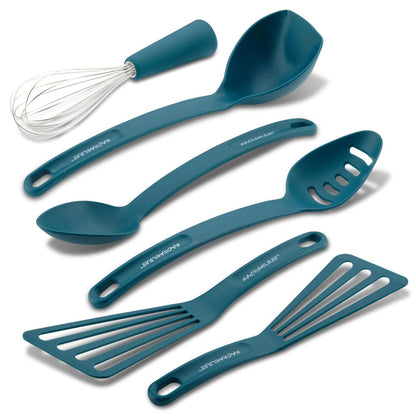 The 6-Piece Tools Set, featuring teal kitchen utensils like spoons, spatulas, and a whisk, pairs perfectly with your nonstick cookware and ensures heat-safe cooking.