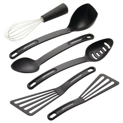 Introducing the 6-Piece Tools Set, a stylish collection of black kitchen utensils featuring whisks, spoons, and spatulas. These tools are specially designed to be heat safe for use with nonstick cookware.