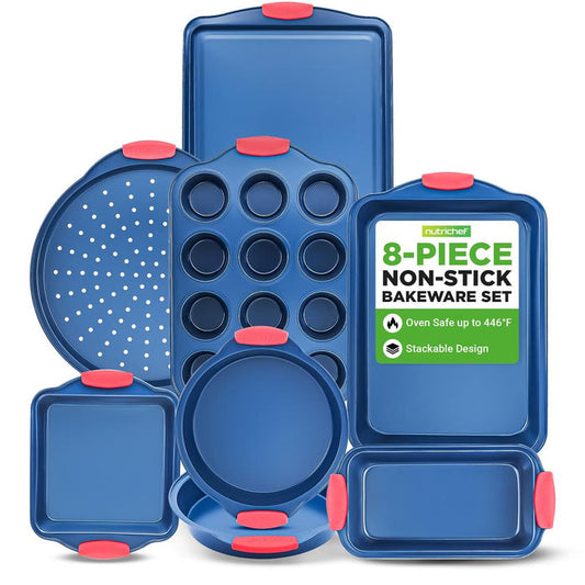 8-Piece Nonstick Bakeware Set, Carbon Steel, Silicone Handles, Blue