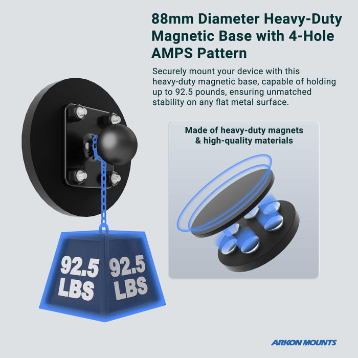 The 88mm Heavy-Duty Magnetic Base with 4-Hole AMPS Pattern Screw Bolts supports up to 92.5 lbs, featuring robust magnets and durable materials for superior strength. Text highlights its heavy-duty construction and secure mounting capabilities.