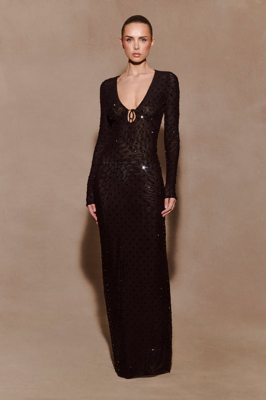 Acadia Diamante Long Sleeve Maxi Dress - Black