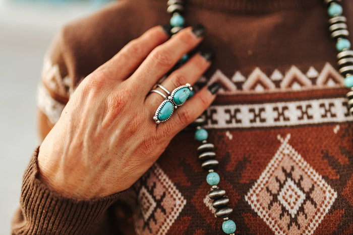 Adjustable Double Turquoise Stone Embellished RingTurquoiseOS