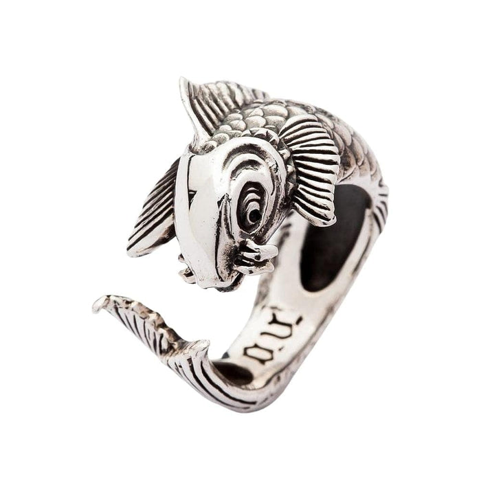 An oxidized sterling silver wrap ring in the shape of a Koi fish, a symbol of perseverance.