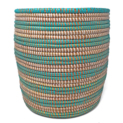 African Fair Trade 13-inch Handwoven Open Hamper Basket, Aqua/White