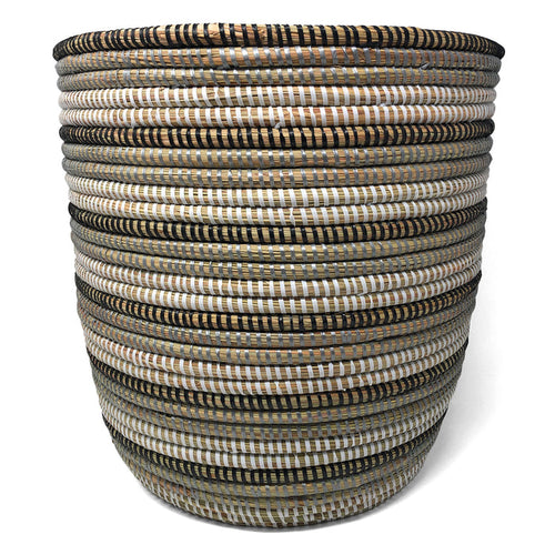 African Fair Trade 13-inch Handwoven Open Hamper Basket, Black/Silver/White
