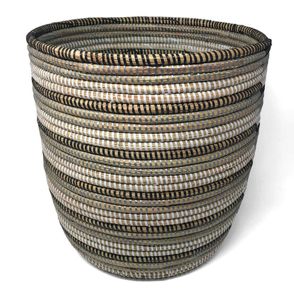 African Fair Trade 13-inch Handwoven Open Hamper Basket, Black/Silver/White