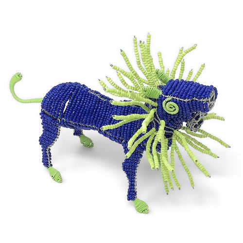 African Fair Trade 7.5-inch Beaded Lion Figurine, Blue
