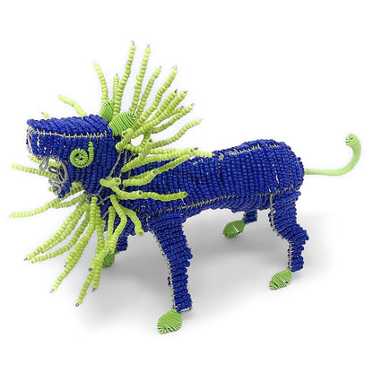 African Fair Trade 7.5-inch Beaded Lion Figurine, Blue
