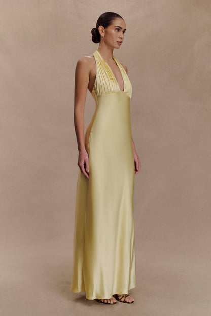 Alice Satin Halter Maxi Dress - Lemon