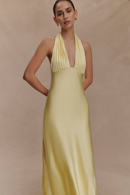 Alice Satin Halter Maxi Dress - Lemon
