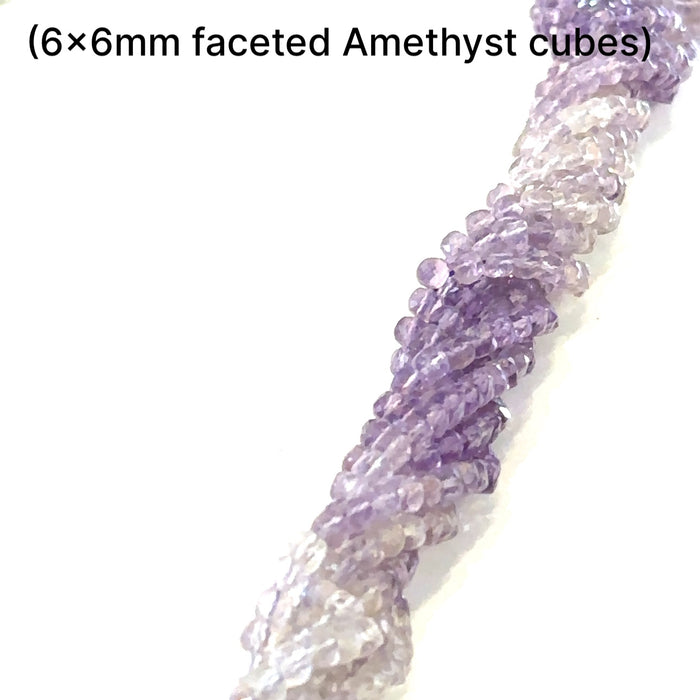 One 6x6mm Amethyst  Faceted cube, 16'' gemstone strand