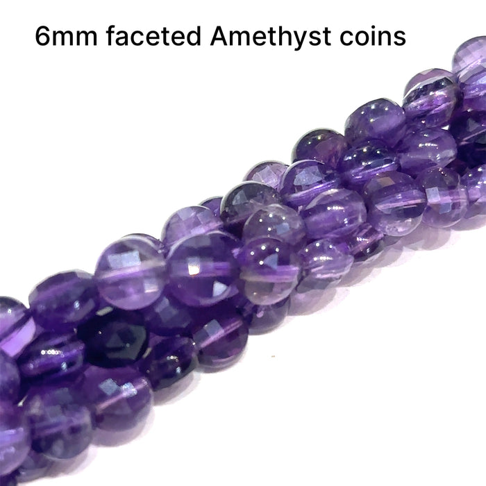 One 6mm Amethyst faceted coins 16'' gemstone strand