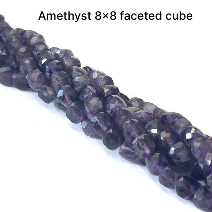 One 8x8mm Amethyst faceted cube 16'' gemstone strand