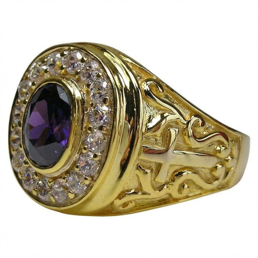 Angled view of a yellow gold bishop ring with an oval purple amethyst, clear stone halo, and side cross scrollwork.