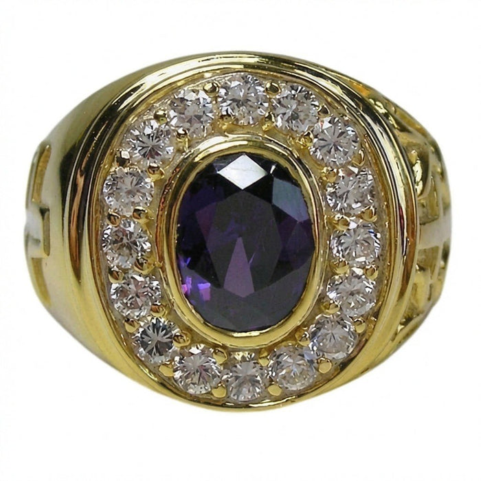 Top-down perspective of the deep purple amethyst and clear stone halo set in the warm yellow gold raised bezel.