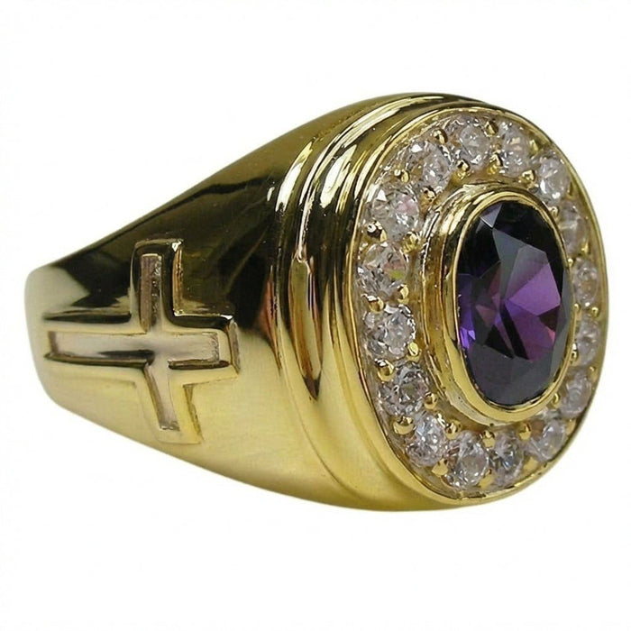 Side profile highlighting the recessed cross emblem on the yellow gold band and the raised amethyst bezel setting.