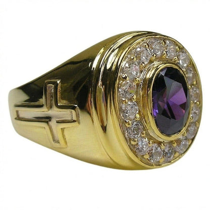 Side profile highlighting the recessed cross emblem on the yellow gold band and the raised amethyst bezel setting.