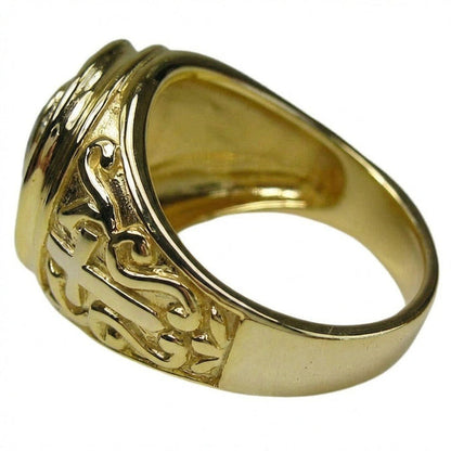 Rear view showcasing the polished interior of the warm yellow gold band and intricate side scrollwork.