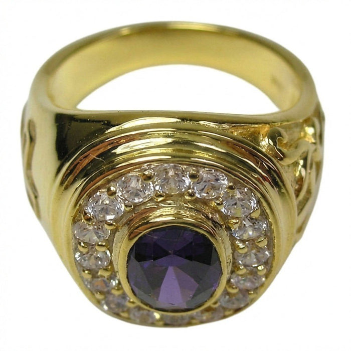 Frontal shot emphasizing the deep purple amethyst and clear stone halo set within a prominent yellow gold raised bezel.