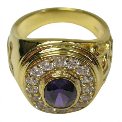 Frontal shot emphasizing the deep purple amethyst and clear stone halo set within a prominent yellow gold raised bezel.