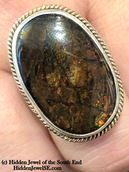 Ammolite Sterling Silver bezel set split shank gemstone ring, jewelry