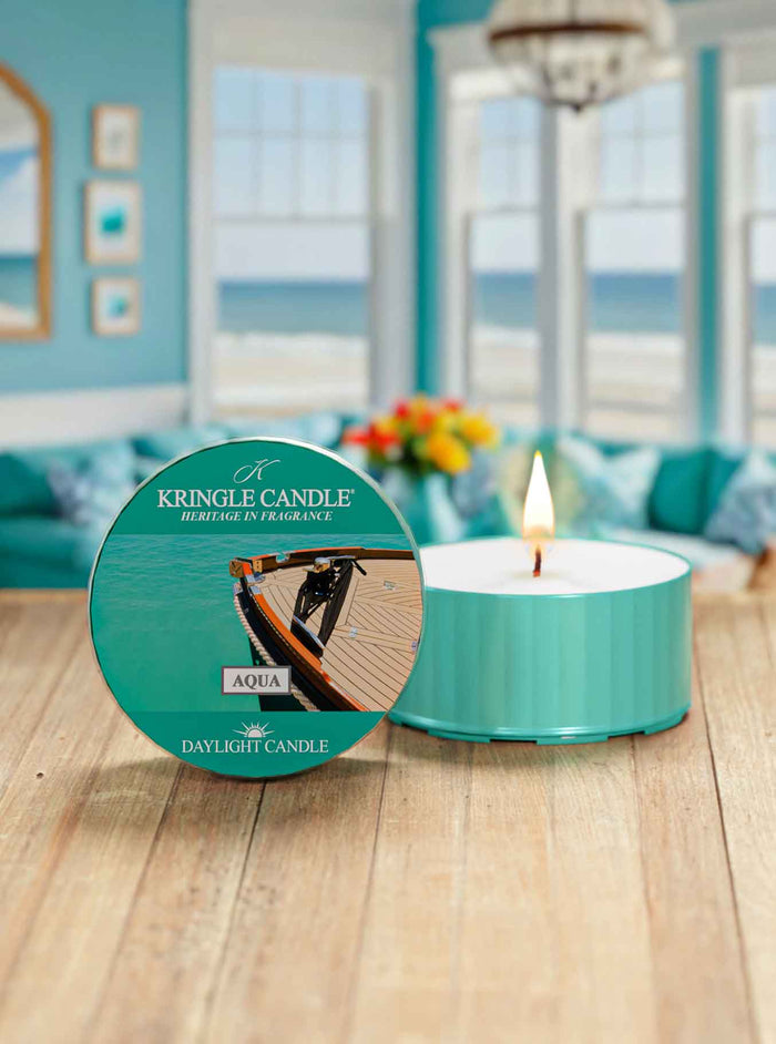 Kringle Candle in Aqua with a beach-themed interior setting