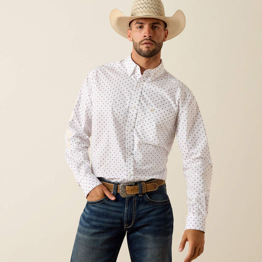 Ariat Men's L/S Team Wake Classic Fit Shirt in White/Khaki