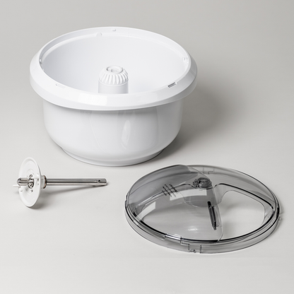 NutriMill artiste bowl shell, drive shaft, and sliding lid disassembled