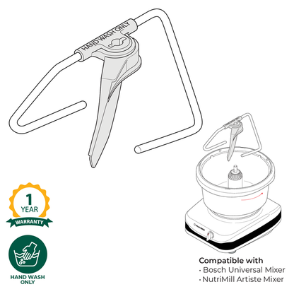Technical illustration of the NutriMill Artiste and its dough hook, along with warranty and care information