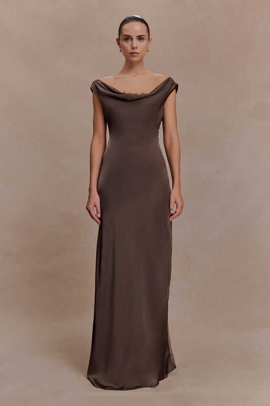 Ashley Cowl Neck Lace And Satin Maxi Dress - Mocha
