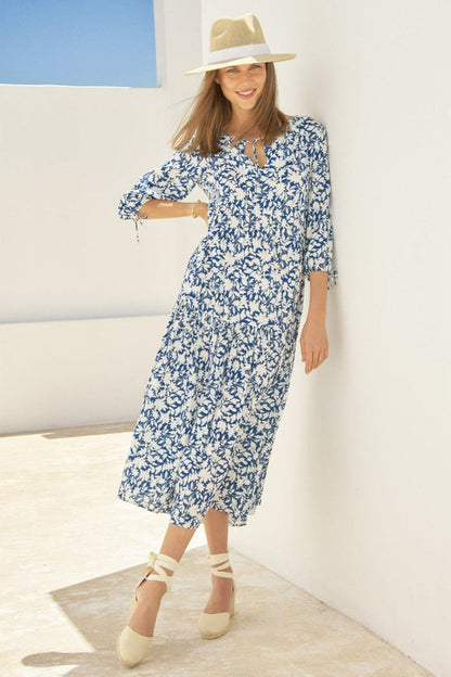 Aspiga Emma Lightweight EcoVero Dress Clematis Vines Mono Navy White - Dotique