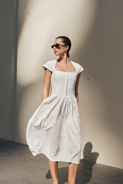 Ayla Cotton Fit And Flare Midi Dress - White
