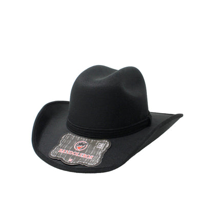 Black cowboy hat with a brand label on a white background