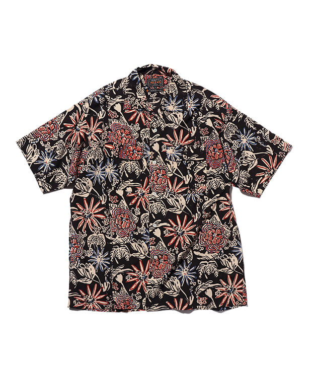 Beams Plus Open Collar Block Print - Black