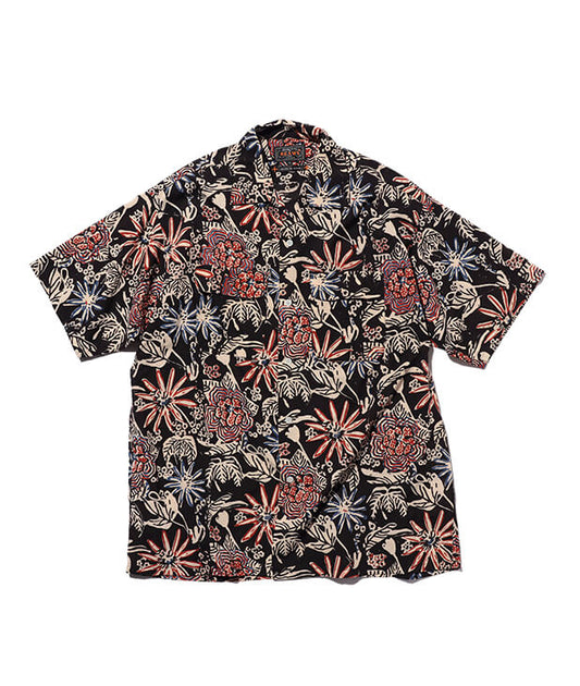 Beams Plus Open Collar Block Print - Black