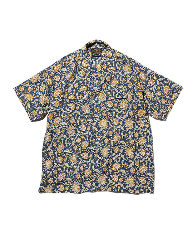 Beams Plus Open Collar Block Print - Blue